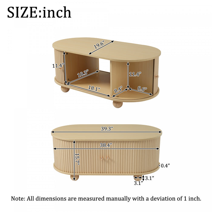 Ethan Oval Coffee Table with Sliding Doors and Hidden Storage,Natural Wood