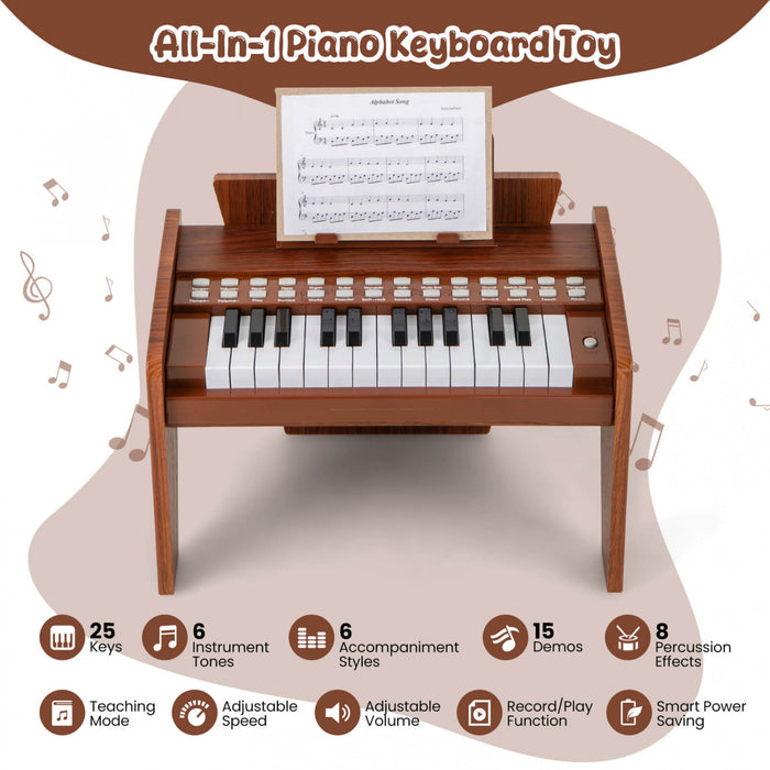 Costway 25 Keys Digital Piano with Music Stand,Teaching Mode,Lighted Keys, Adjustable Speed Brown
