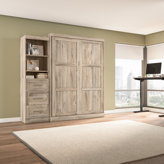 Bestar Pur Queen Murphy Shelving Unit with Drawers 90-Inch Wall Bed - Rustic Brown