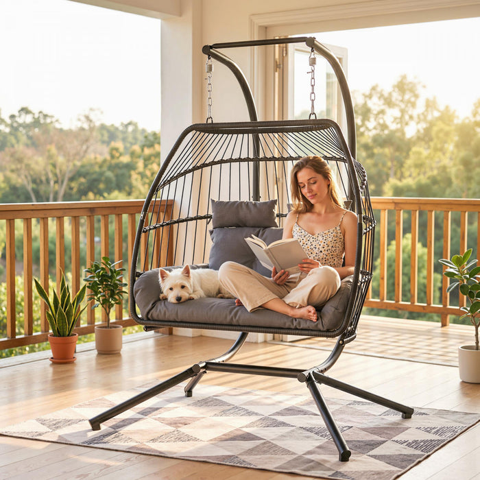 Outsunny Double Hanging Egg Chair, Foldable Hammock Chair, Dark Grey