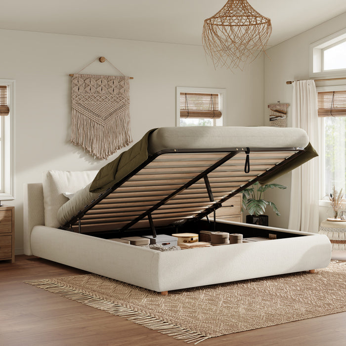 Diana Ottoman Hydraulic Lift Storage Platform Bed with Luxurious Boucle Upholstered and Sturdy Storage,Queen Size,White Queen Bed
