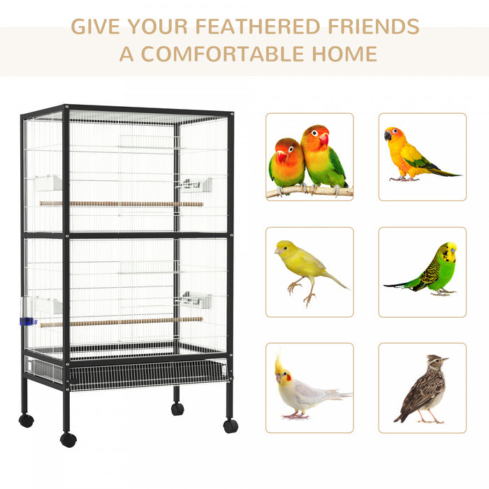Pawhut 30x20.5x54-inch Bird Cage Parrot Macaw Finch Cockatoo Flight Cage With Wheels Black/white