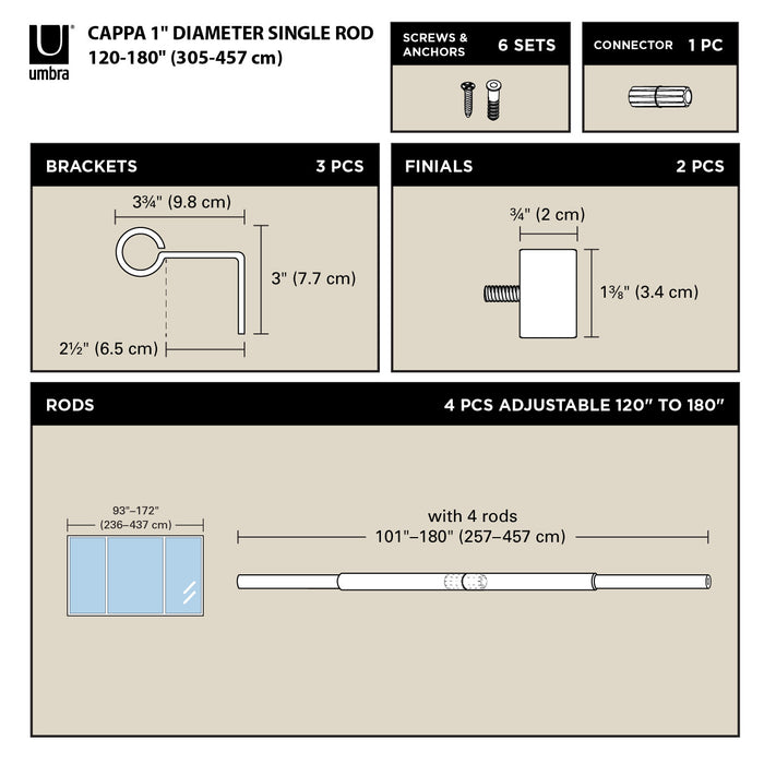 Umbra Cappa Gold Expandable 1\" Curtain Rod - 120\"-180\" 