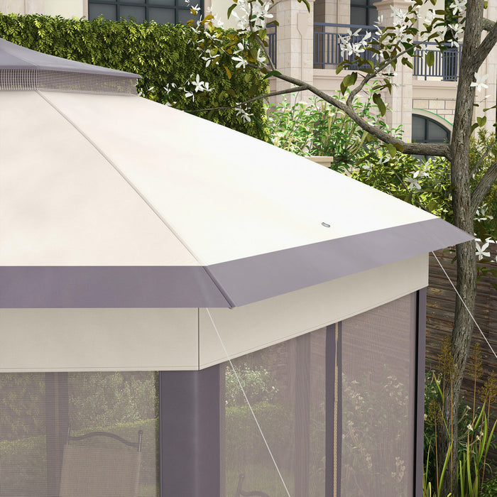 Outsunny 13' X 13' Pop Up Canopy Tent With Netting And Carry Bag, Instant Sun Shelter, Hexagon Tents For Parties, Outdoor, Garden, Patio, Coffee And Beige