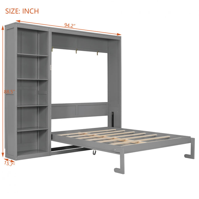 Jessie Space-Saving Multi-Functional Wall Bed with Shelves,Queen Size,Grey Queen Bed