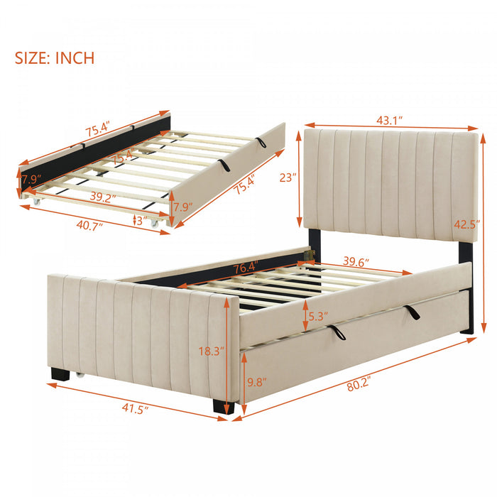 Ethan Space-Saving Velvet Upholstered Platform Bed with Trundle,Twin Size,Beige Twin Bed