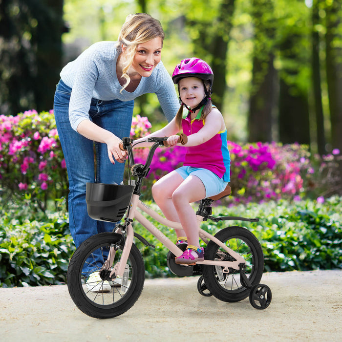 Costway 14\" Kid's Bike With Training Wheels Adjustable Handlebar & Seat Handbrake Pink