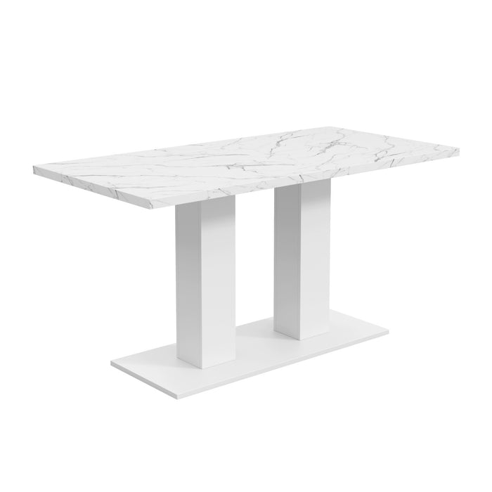 Vero 71 Inch Modern Rectangular Dining Table with Dual Pedestal Base and Marble Effect Finish, White Marble