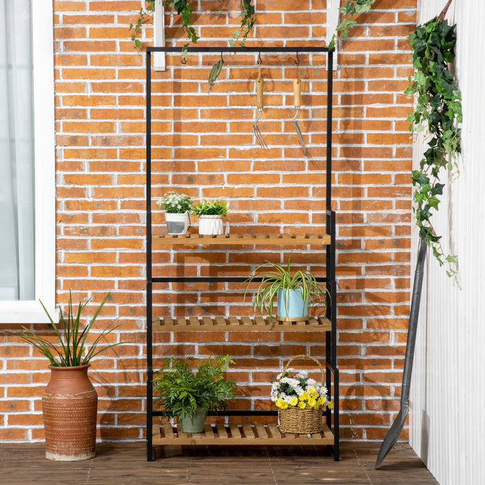 Outsunny 3 Tiered Plant Stand With Hanging Hooks And Metal Frame, Tall Plant Shelf Flower Pot Holder For Indoor Outdoor Porch Balcony Living Room Bedroom
