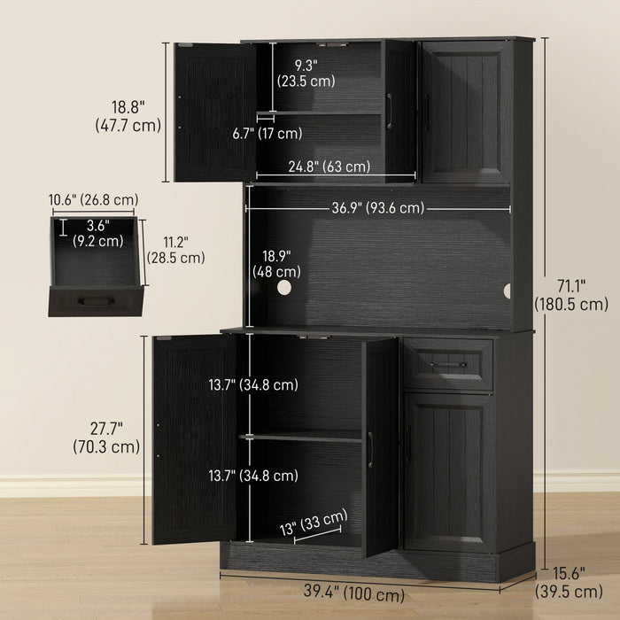 HOMCOM 71\" Pantry Cabinet, Kitchen Cupboard with Charging Station, Black