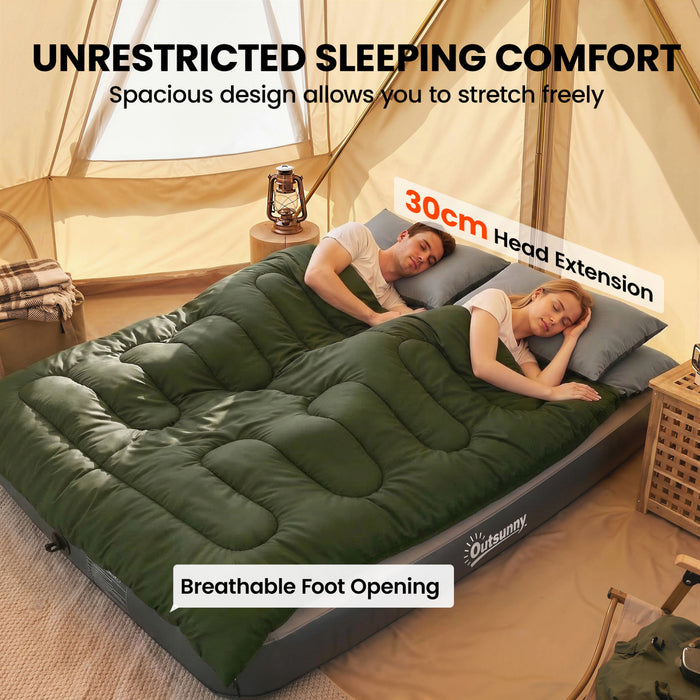Outsunny Double Sleeping Bag for Adults, Queen Size 2 Person Sleeping Bag, Lightweight Quilt with 2 Pillows, for Cold Weather & Warm, Camping Hiking Backpacking, Army Green
