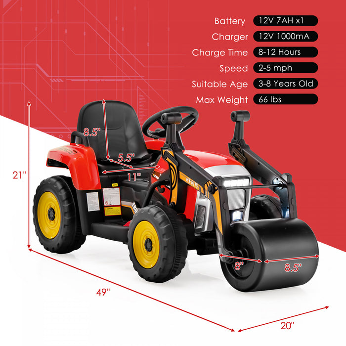 Costway Kids Ride On Road Roller 12v Electric Tractor Remote W/ Music & Led Light Red