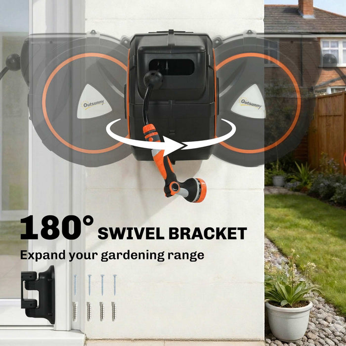 Outsunny Retractable Garden Hose Reel, 1/2\" x 92ft Wall Mounted Hose Reel with 12-Pattern Nozzles, Auto Retraction, Self-Locking, Slow Return System, 180° Swivel Bracket
