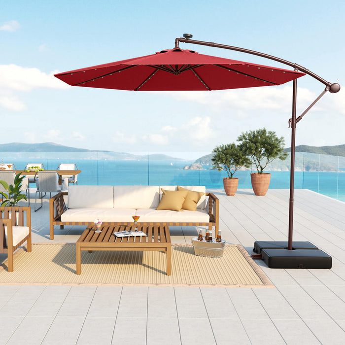 Costway Patio 10FT Hanging Offset Umbrella 32 LED Lights Sand Bag Outdoor Cross Base Wine