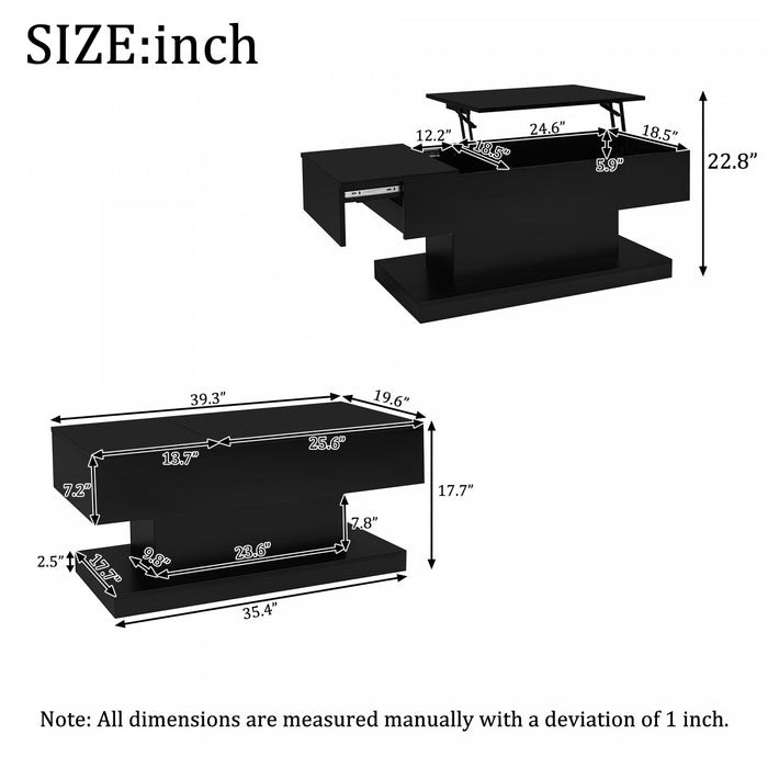 Ethan Lift-Top Coffee Table with LED Lighting and Sliding Extendable Top,Black