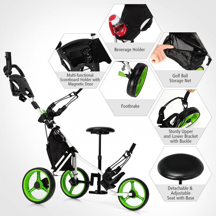 Goplus Folding 3 Wheels Golf Push Cart W/seat Scoreboard Adjustable Handle Green