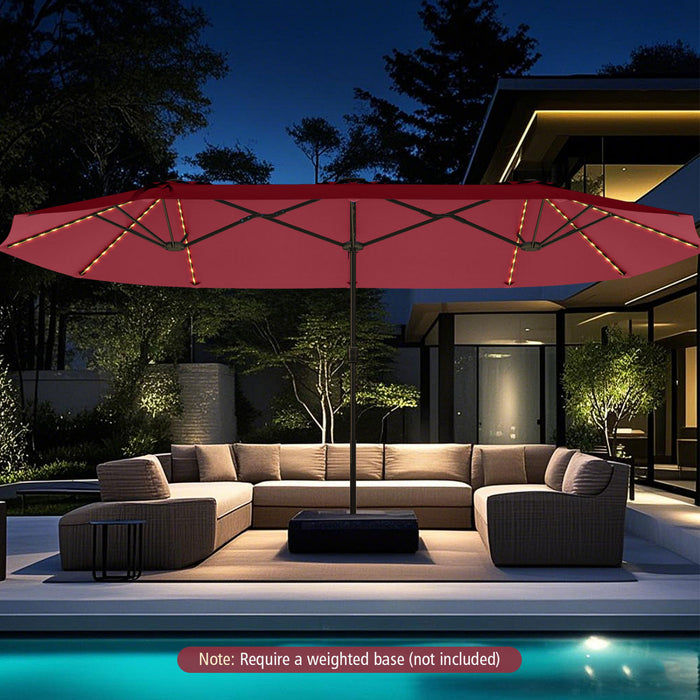 Costway 15.5 FT Extra-Large Patio Umbrella with LED Solar Lights & 12 Heavy-Duty Ribs Red