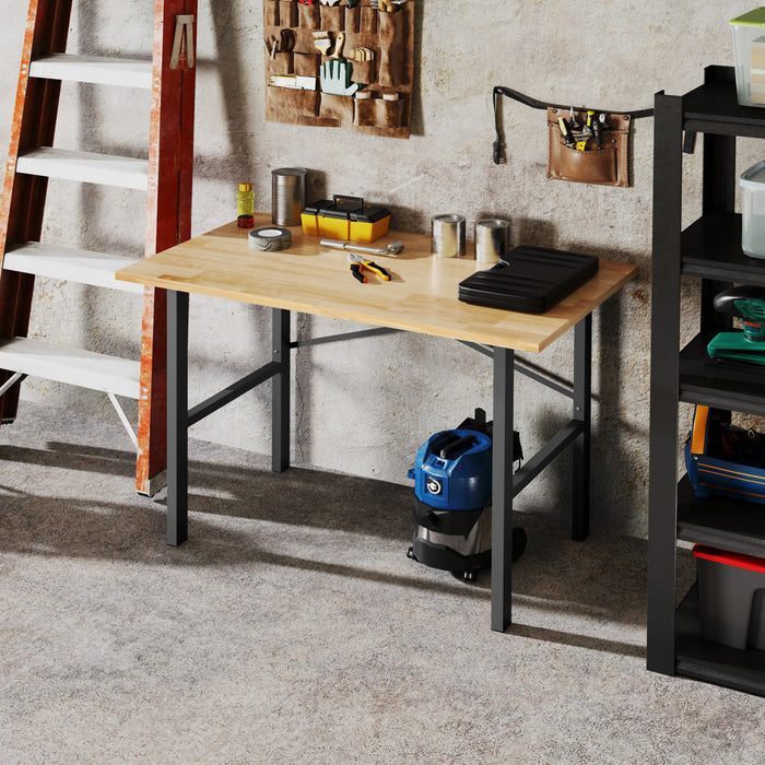 Homcom 46\" Work Bench Table Oak Wood Top, Heavy-duty Steel Work Table