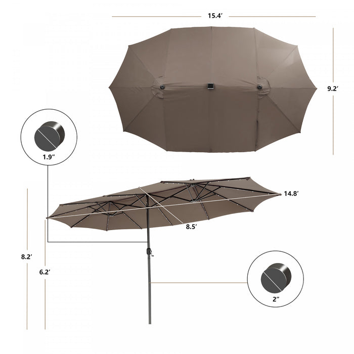 Costway 15FT Twin Patio Double-Sided Umbrella 48 Solar LED Lights Crank Outdoor Coffee