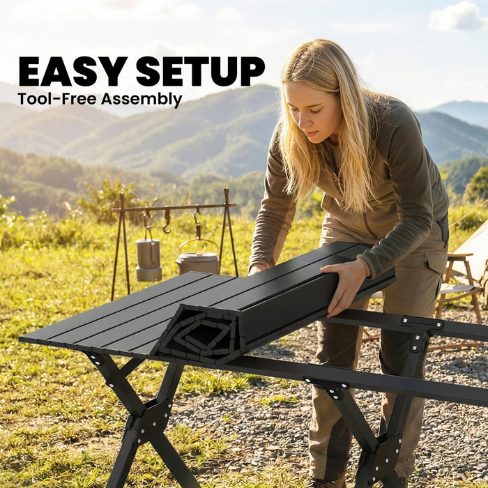 Outsunny 4ft Picnic Table with Roll Up Top and Metal Frame Black