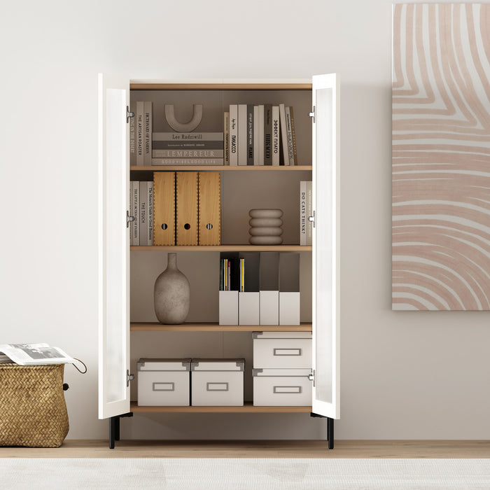Abbey Modern 32\" Tempered Glass Bookcase Cabinet in Maple and Off White (4-Shelf) - Set of 2
