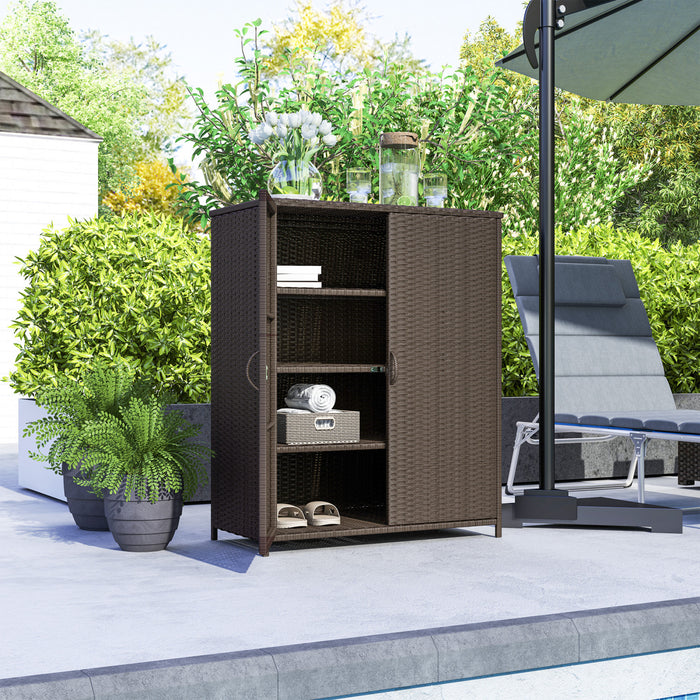 Outsunny Wicker Outdoor Storage Cabinet, 4-Shelf Pool Storage, Espresso