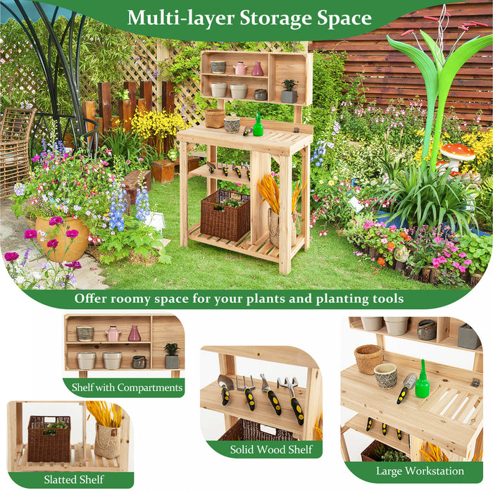 Costway Garden Potting Table Outdoor Potting Bench Wooden Workstation W/storage Shelf