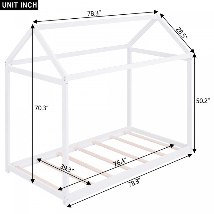 Susan Easy-clean Design Solid Wood House Bed With Roof Frame, Twin Size, White