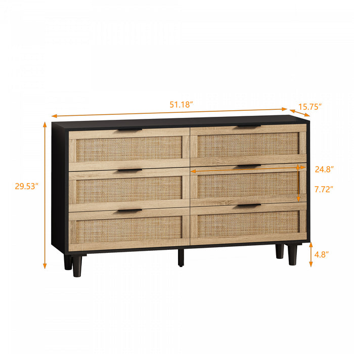51.18\" Mila Modern 6 Drawer Rattan Storage Cabinet with Engineered Wood Frame - Black