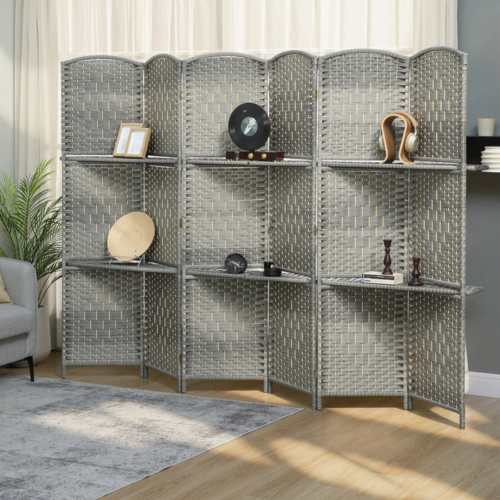 HOMCOM Folding Privacy Screen with Shelves, 6 Panel Room Divider, Grey