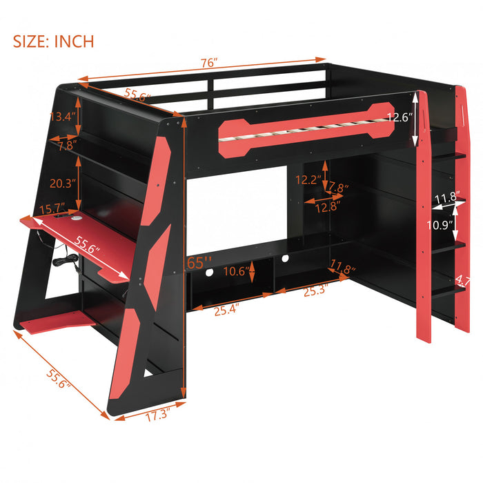 Olivia Wood Loft Bed with Desk and Multi-storage Shelves,RGB Light,Red Full Bed