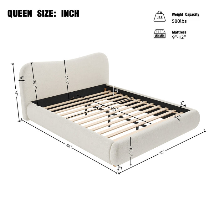 Camille Platform Bed with Curved Headboard and Luxurious Boucle Upholstery,Queen Size,White Queen Bed