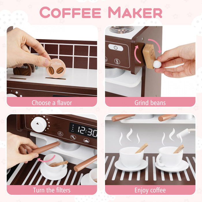 Honeyjoy Kids Kitchen Set Wooden Kitchen Playset With Clock, Microwave, Sink, Dish Rack Brown