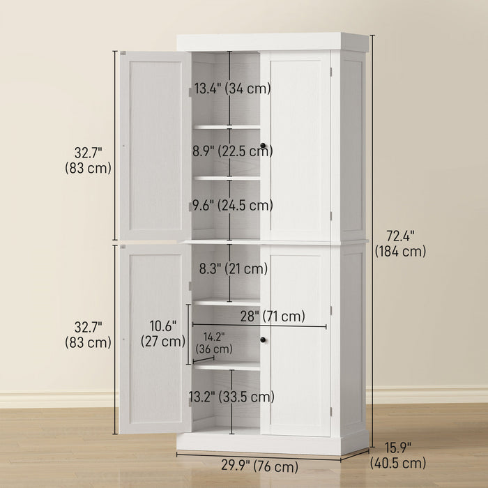 HOMCOM Freestanding 4 Door Kitchen Pantry Cabinet with Shelves White