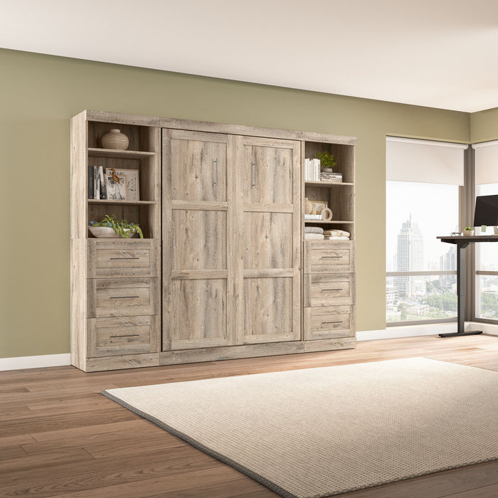 Bestar Pur Full Murphy Two Shelving Units with Drawers 109-Inch Wall Bed - Rustic Brown