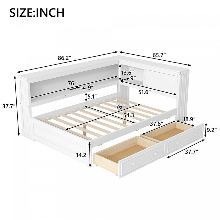 Arthur Full Size Wood Daybed with LED Light, USB Port and 2 Storage Drawers, White