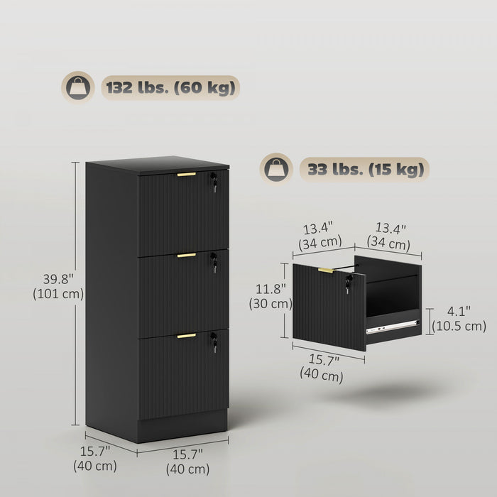 HOMCOM 3 Drawer File Cabinet Fluted Vertical Filing Cabinet with Lock Black