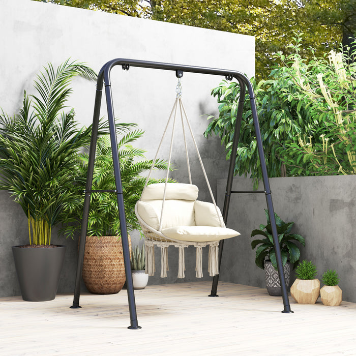 Outsunny Hanging Hammock Chair, Boho Outdoor Swing Chair W/ Cushion, Cream