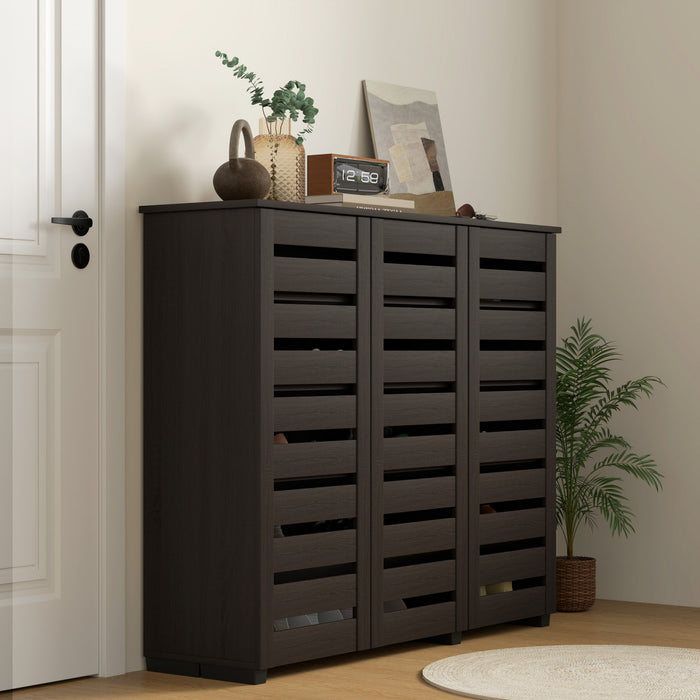 HOMCOM Narrow Shoe Cabinet for Entryway with 3 Slatted Doors, Dark Brown