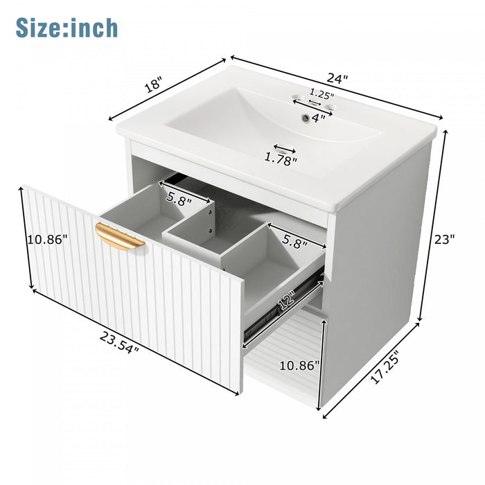Jasper 24 Inch Modern Wall-Mounted Bathroom Vanity with Drawers, White