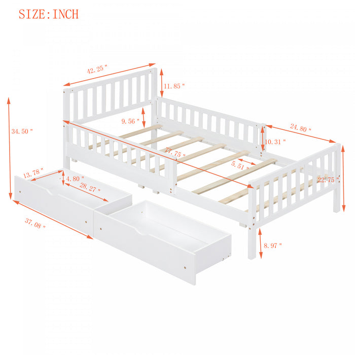 Emma Wood Platform Bed with Guardrails and Storage Drawers,Twin Size - White
