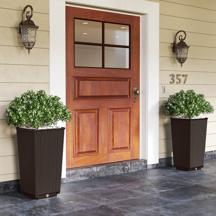Costway 23\" Tall Planters Set Of 2 Rattan Wicker Plant Pot Self-watering Tree Pot Brown