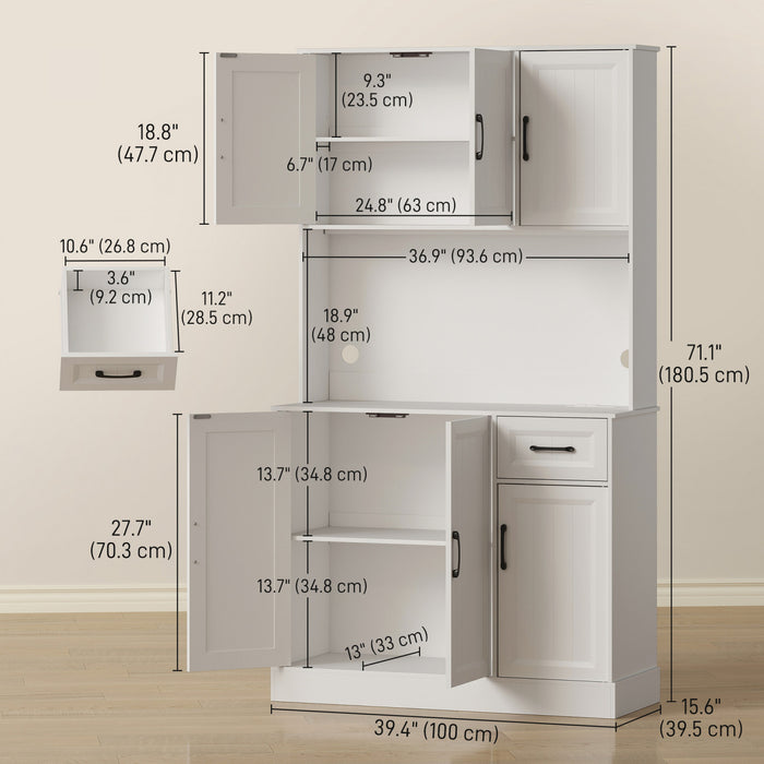 HOMCOM 71\" Pantry Cabinet, Kitchen Cupboard with Charging Station, White