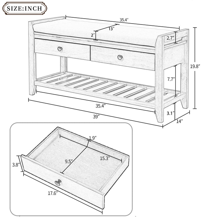 Stephanie Pine Wood Shoe Rack Bench With Cushioned Seat With Storage Drawers - Old Pine