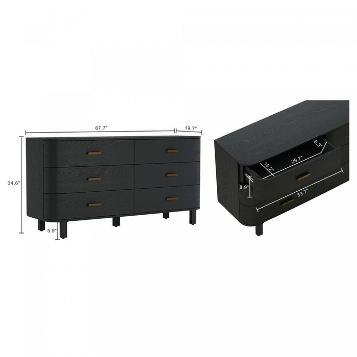 Solara Contemporary 68\" Solid Wood Dresser in Black (6-Drawer)