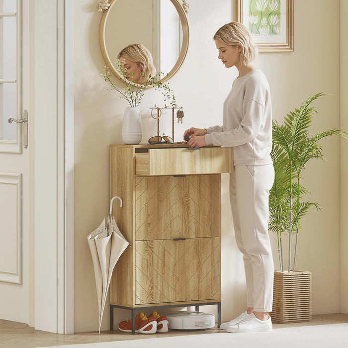 HOMCOM Shoe Cabinet with 2 Flip Drawers Adjustable Shelves for 8 Pairs Oak