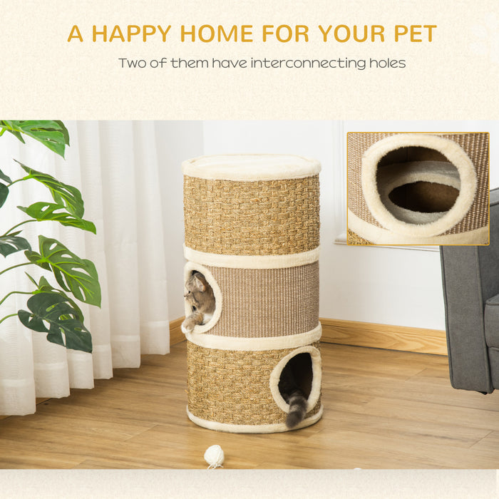 Pawhut Cat Condo 3 Story Three Holes With Sisal Seaweed Scratching Cover Surface, Cat Tower For Indoor Cats, 15\" X 28\", Khaki And Brown