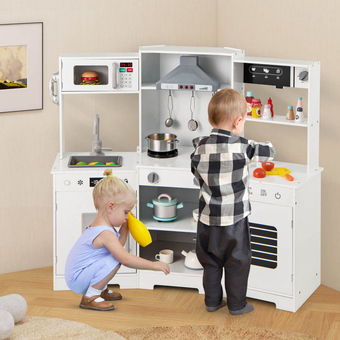 Costway Pretend Play Kitchen For Kids Toddler Aged 3+ Wooden Toy Set With Range Hood White