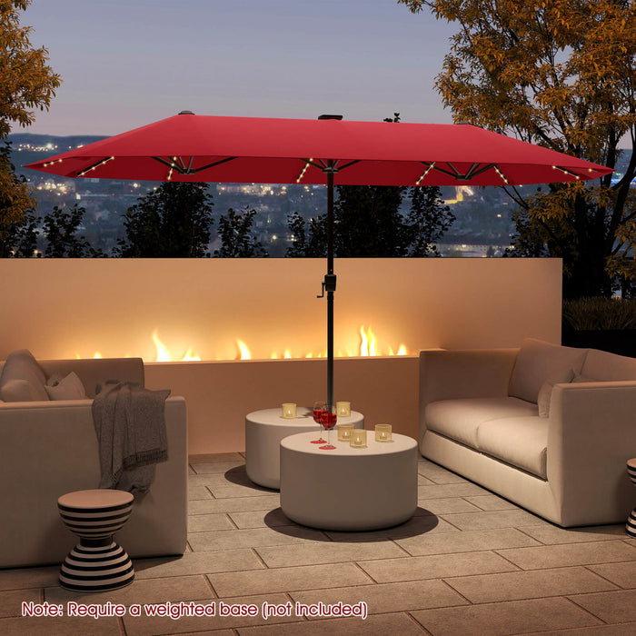 Costway 13 FT Large Patio Umbrella with LED Solar Lights Crank Handle 12 Heavy-Duty Ribs Wine