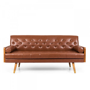 Aidan 3-seater Tufted Pu Leather Sofa With Rolled Pillows - Light Brown